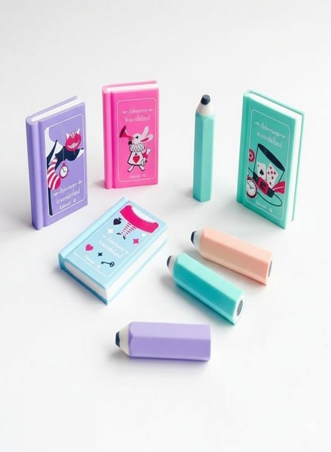 Parshya Eraser for Kids Mini Pencil or Book Shape Erasers Set for Kids, Kawaii Eraser Set Cute Rubber for Kid Students School Office Stationery Pack of 4 Book 3 Pencil Eraser (Book and Pencil Eraser) - Image 1